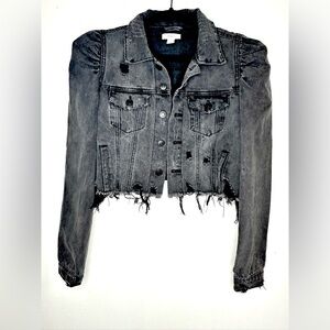 Forever 21 Black Wash Puffy Sleeve Girly Rocker Distressed Denim Jacket Small
